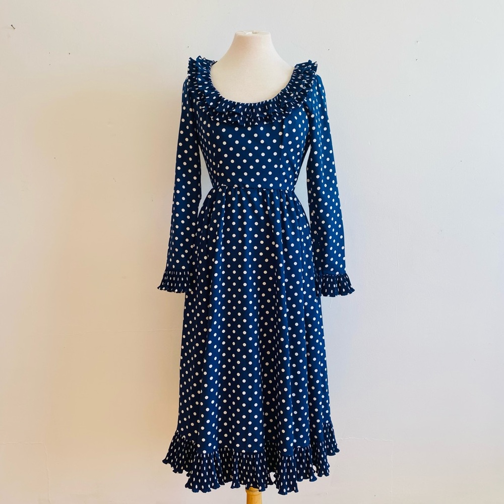 Victor Costa Vintage Polka Dot Dress Long Sleeve Ruffled Scoop Neck Midi